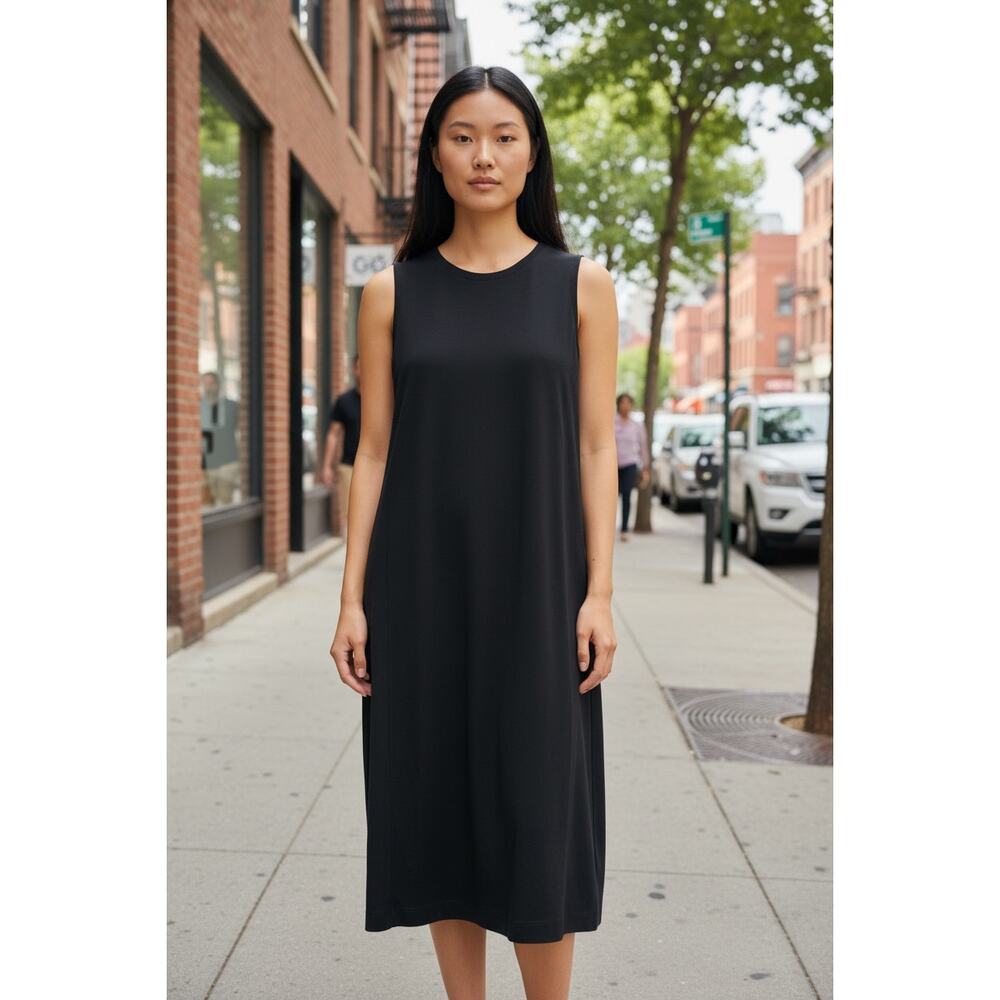 Eileen Fisher Black Sleeveless Stretch Jersey A-Line Midi Dress Women's L - Picture 1 of 10